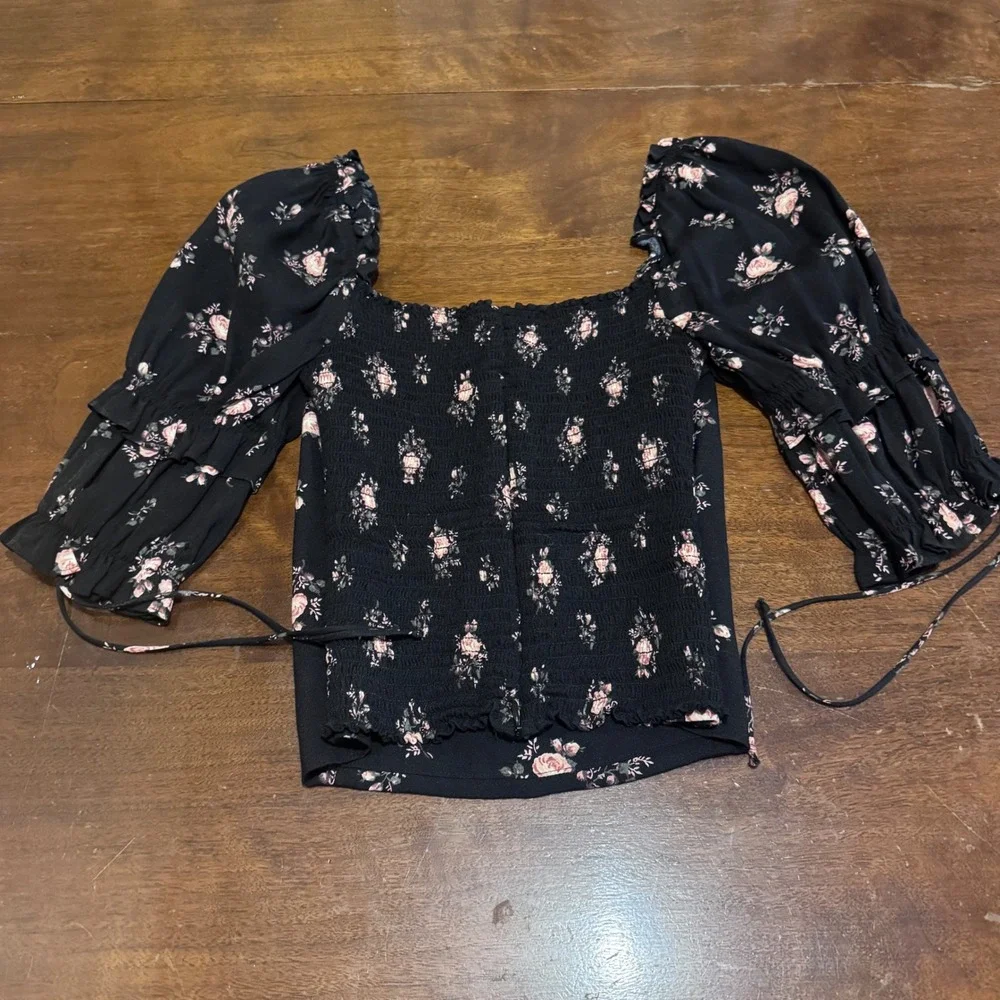Reformation Nina Top Smocked Back Puff 3/4 Sleeve Romantic Femme Dark Cottage